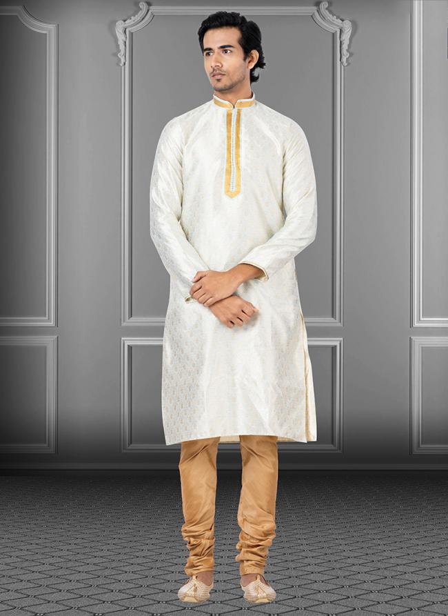 White Linen Silk Festival Wear Weaving Kurta Pajama