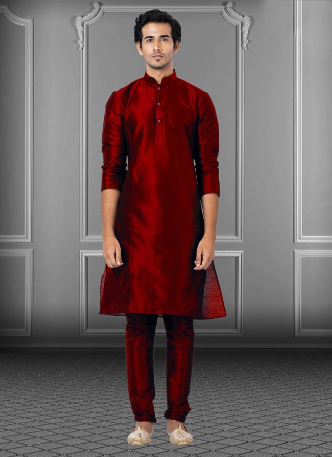 Blood Red Dhupion Raw Silk Festival Wear Weaving Kurta Pajama