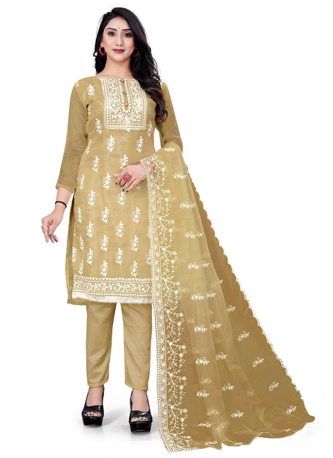 Beige Organza Casual Wear Embroidery Work Salwar Suit