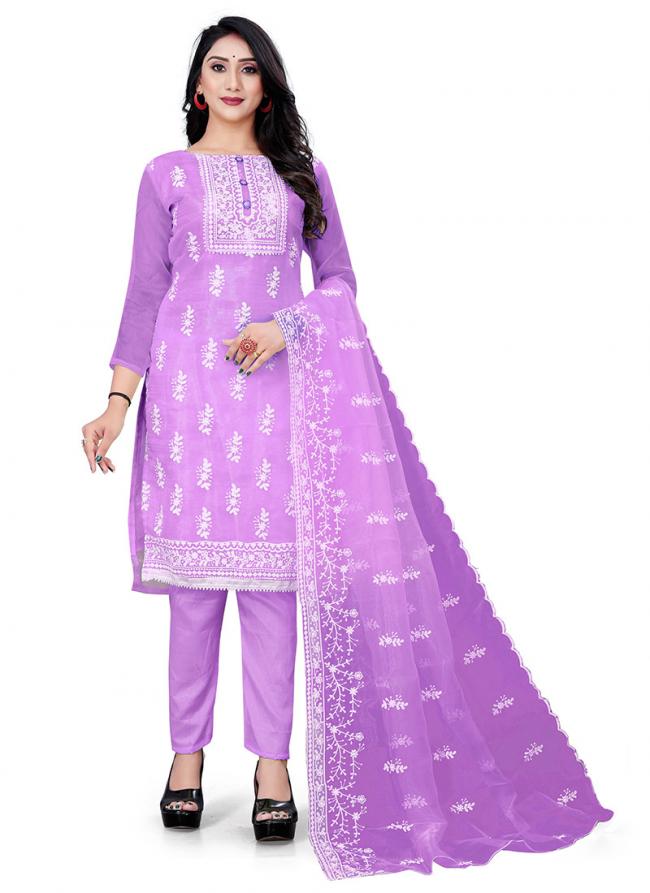 Light purple Organza Casual Wear Embroidery Work Salwar Suit