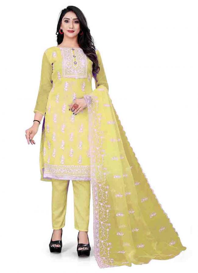 Yellow Organza Casual Wear Embroidery Work Salwar Suit