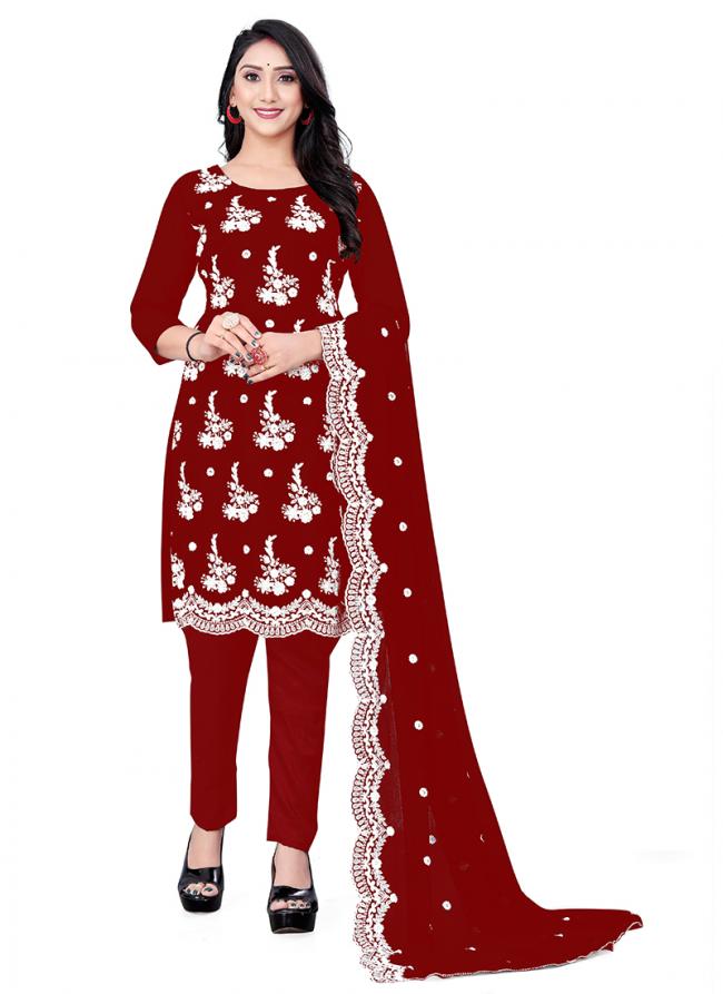 Red Georgette Casual Wear Embroidery Work Salwar Suit