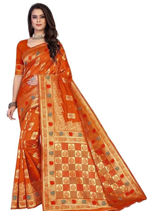 ORANGE Banarasi Silk Traditional Wear Weaving Saree