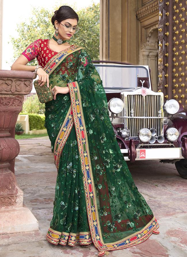 Green Net Reception Wear Sequinned Saree