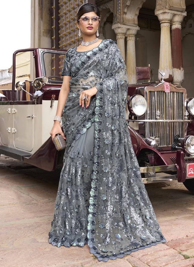 Grey Net Reception Wear Sequinned Saree