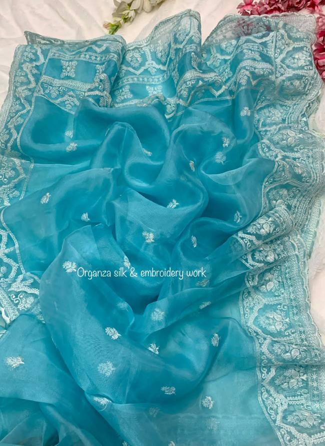 Sky Blue Organza Party Wear Embroidery Work Saree