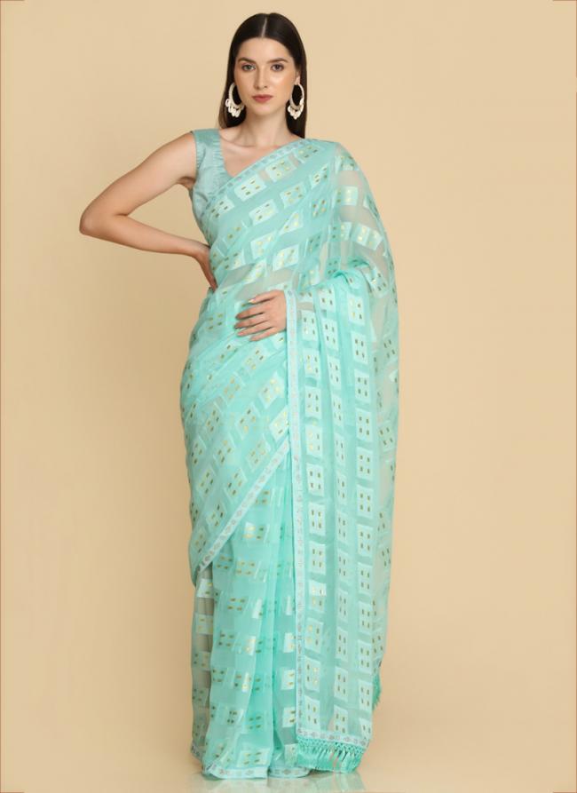 Sky Blue Chiffon Brasso Traditional Wear Weaving Saree