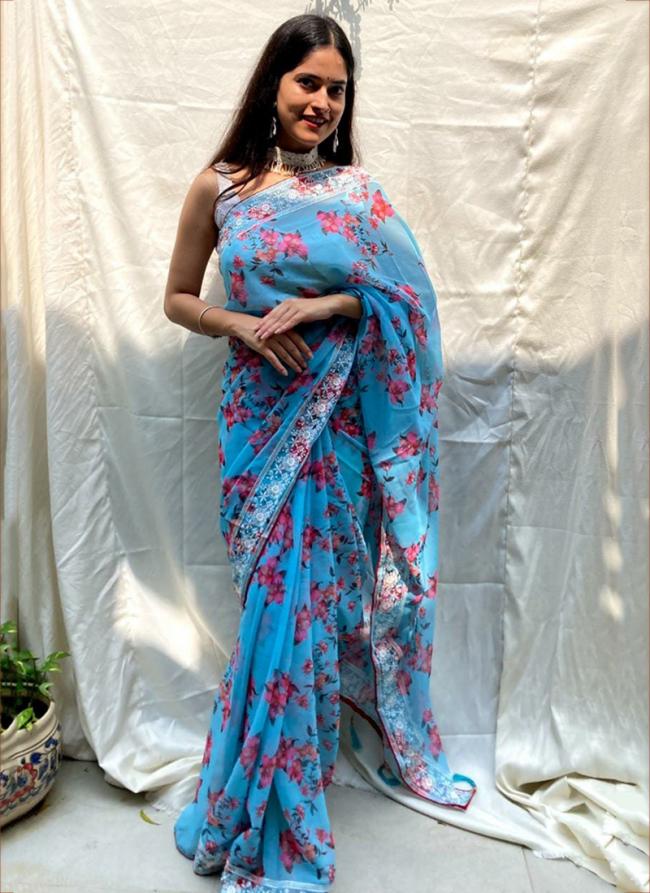 Sky Blue Chiffon Silk Casual Wear Printed Saree