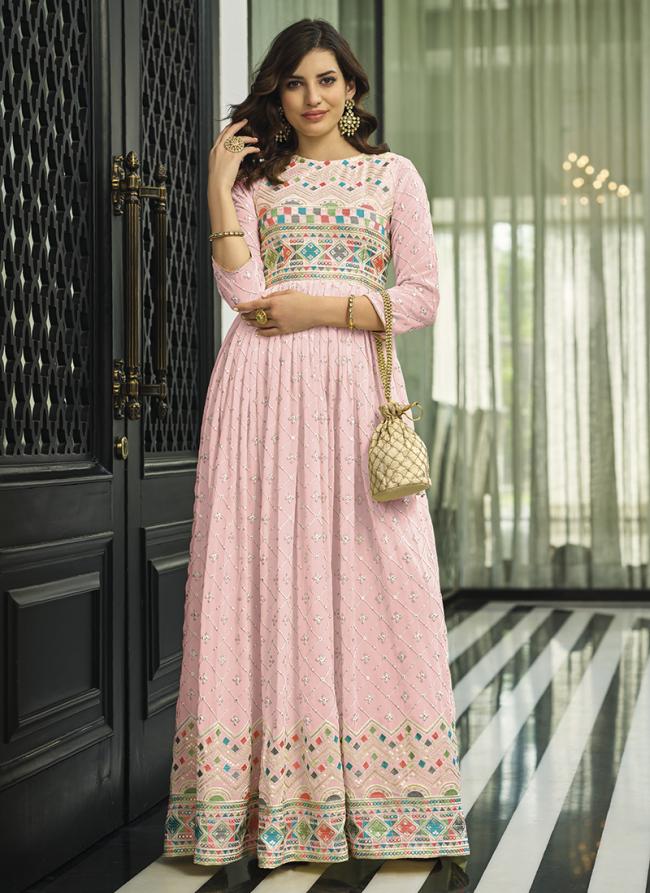 Pink Faux Georgette Party Wear Sequins Work Anarkali Suit