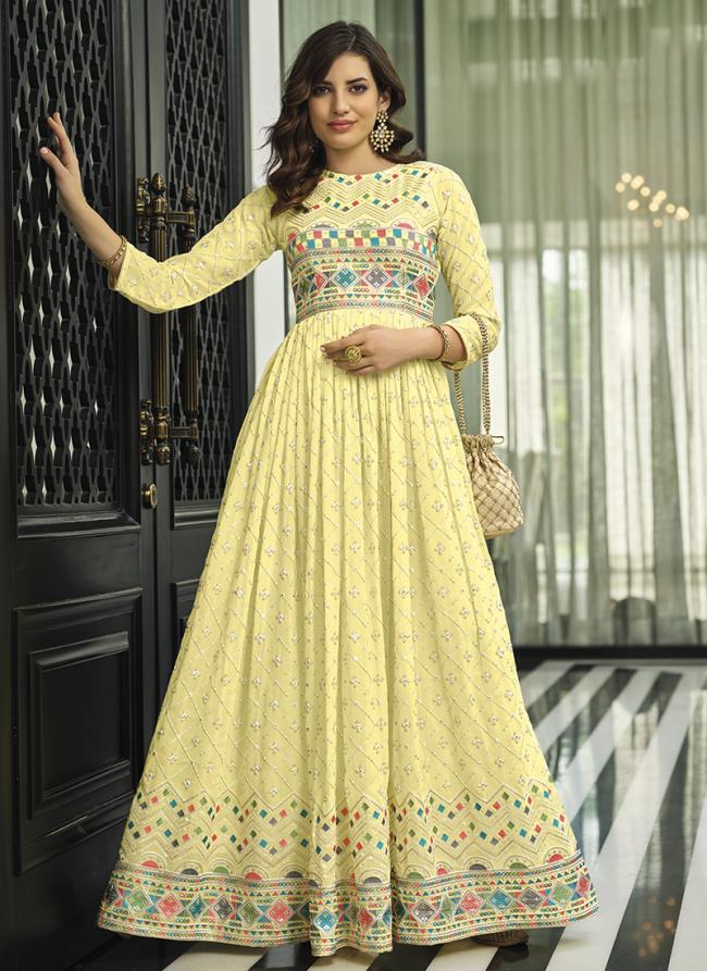 Yellow Faux Georgette Party Wear Sequins Work Anarkali Suit