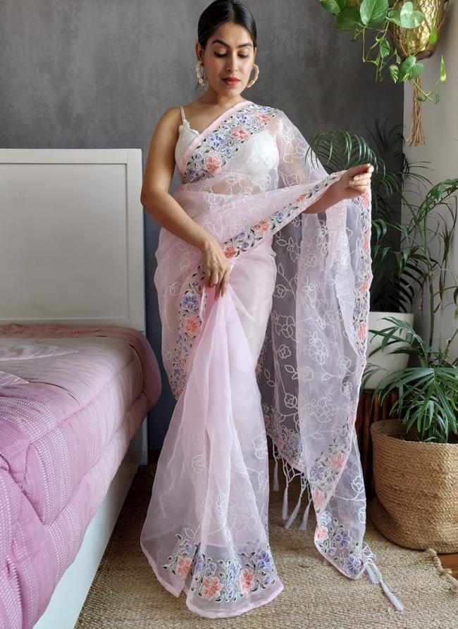 Pink Organza Silk Party Wear Embroidery Work Saree