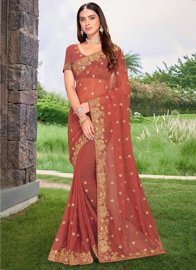 Dusty Rust Georgette Party Wear Embroidery Work Saree