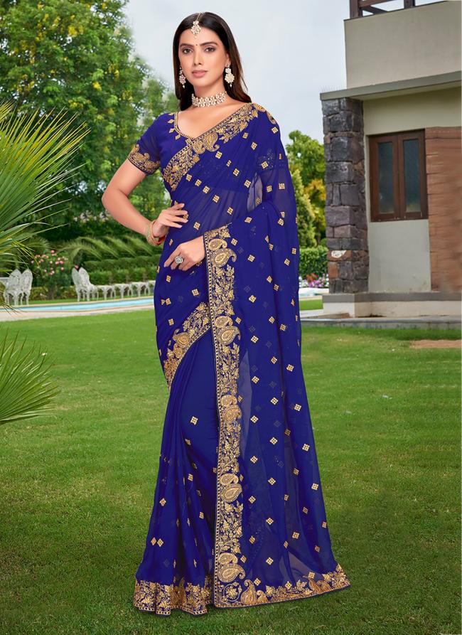 Navy Blue Georgette Party Wear Embroidery Work Saree