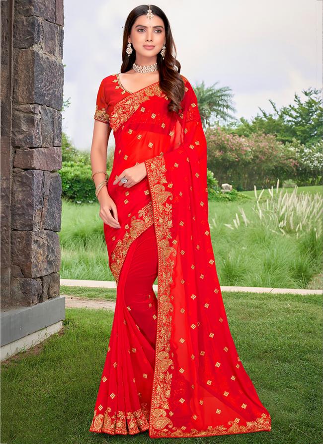 Red Georgette Party Wear Embroidery Work Saree