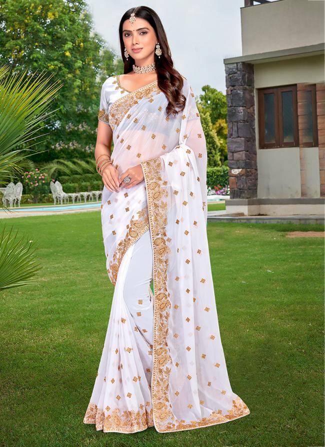 White Georgette Party Wear Embroidery Work Saree