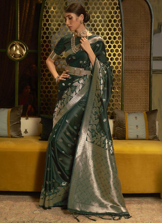 Bottle Green Pure Satin Party Wear Handloom Saree