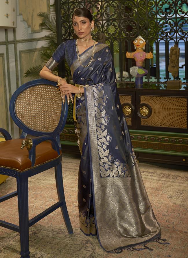 Navy Blue Pure Satin Party Wear Handloom Saree