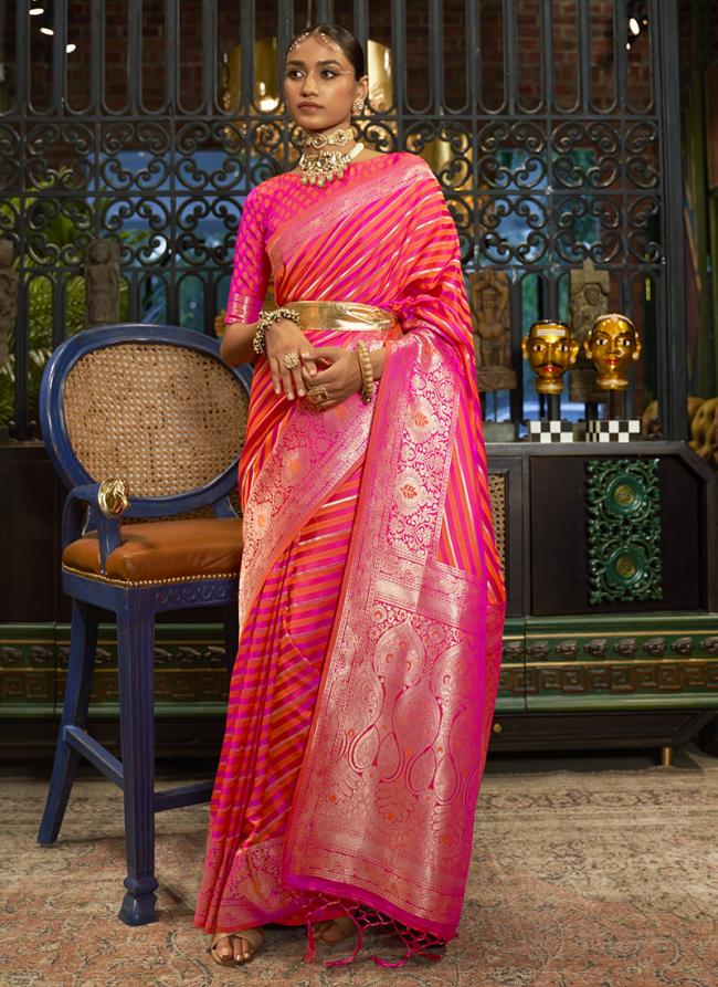 Pink Pure Satin Party Wear Handloom Saree