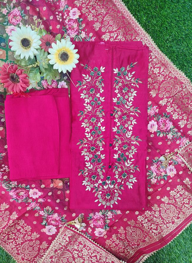 Chanderi Silk Red Festival Wear Embroidery Work Dress Material