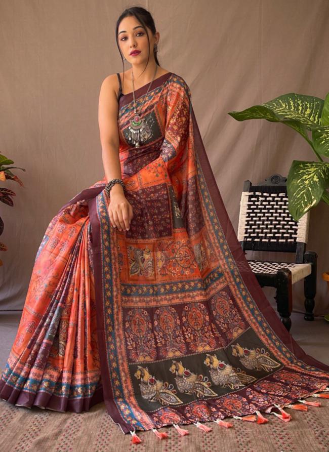 Orange Linen Festival Wear Kalamkari Saree