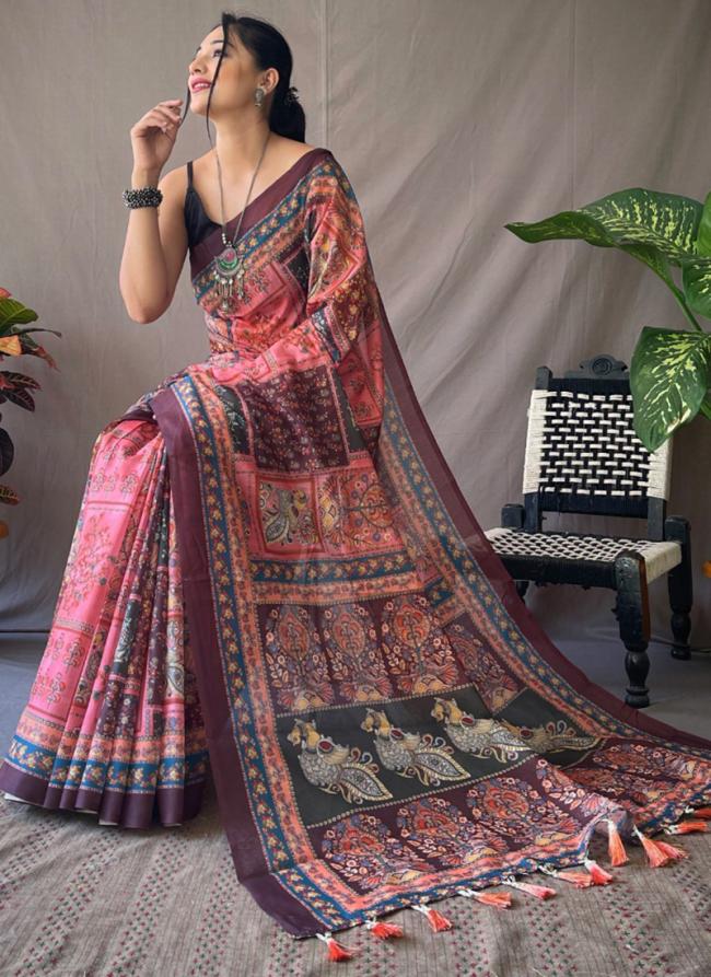 Pink Linen Festival Wear Kalamkari Saree