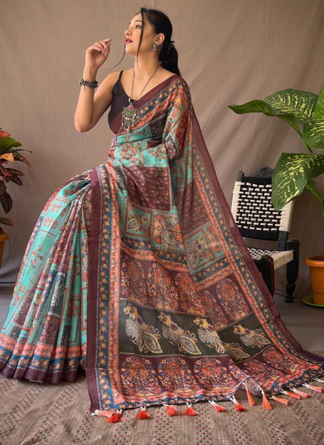 Sky Blue Linen Festival Wear Kalamkari Saree