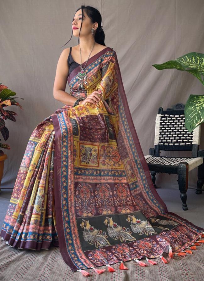 Yellow Linen Festival Wear Kalamkari Saree