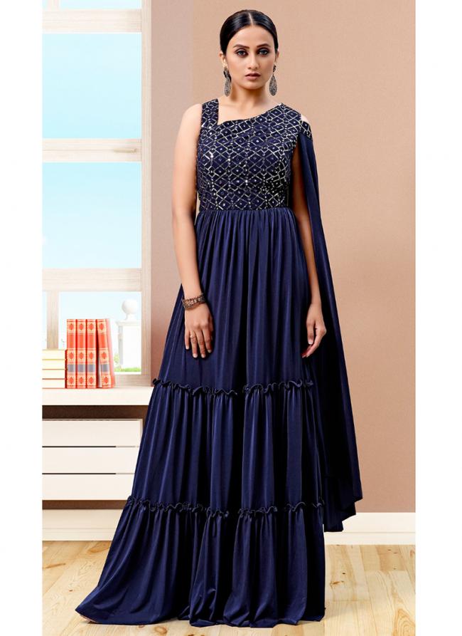 Navy blue Lycra Party Wear Sequins Work Gown
