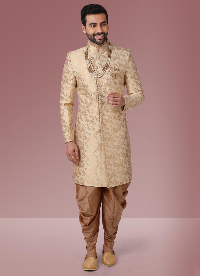 Gold Brocade silk Wedding Wear Jacquard Indo Western