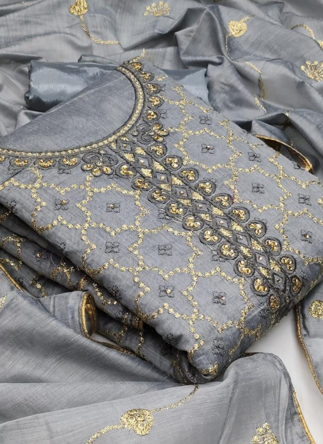 Grey Chanderi Casual Wear Fancy Dress Material