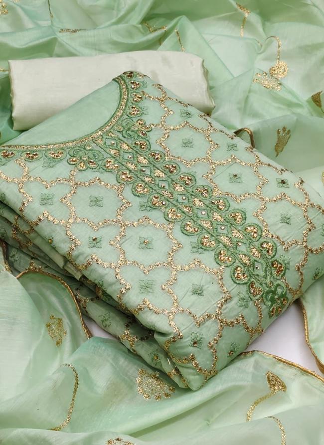 Pista green Chanderi Casual Wear Fancy Dress Material