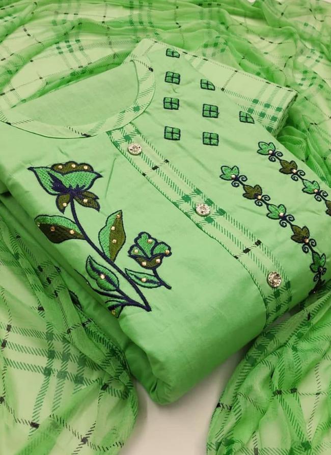 Green PC Cotton Festival Wear Embroidery Work Dress Material