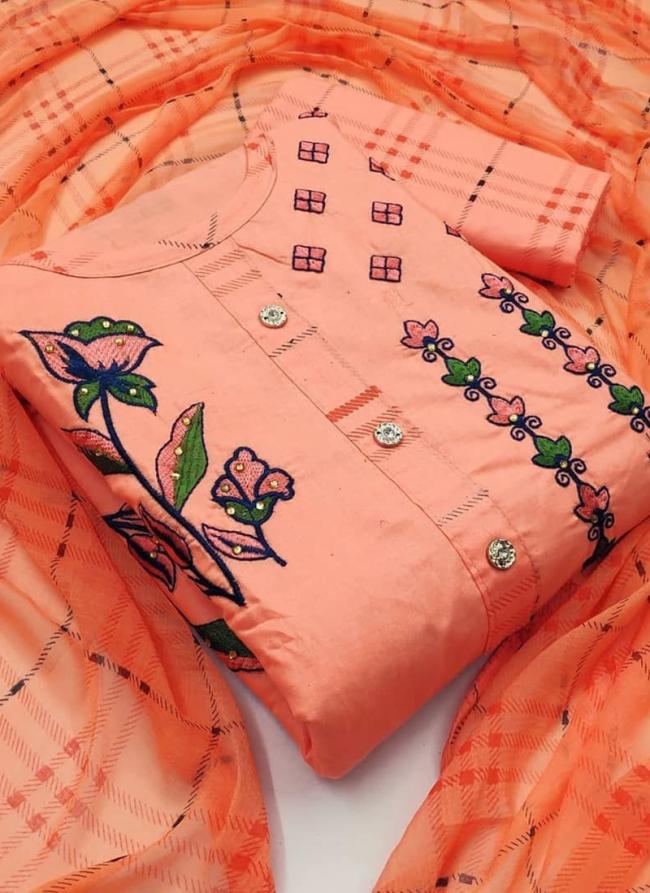 Peach PC Cotton Festival Wear Embroidery Work Dress Material
