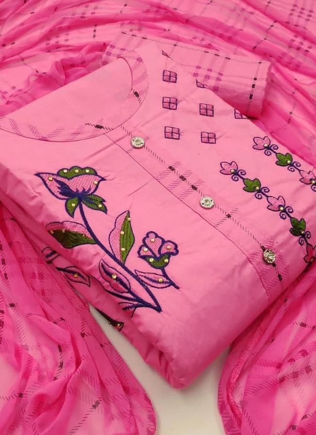 Pink PC Cotton Festival Wear Embroidery Work Dress Material