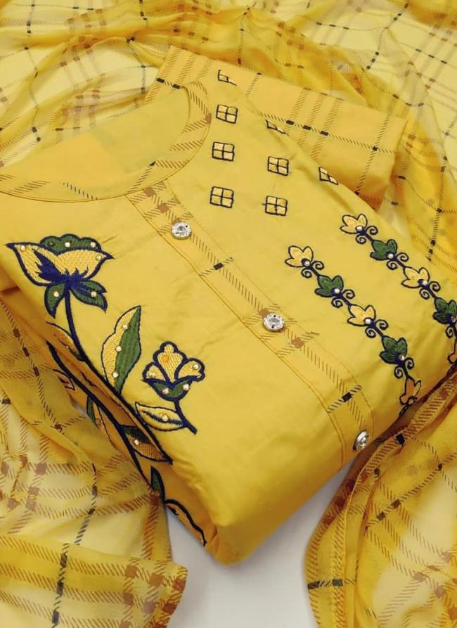 Yellow PC Cotton Festival Wear Embroidery Work Dress Material