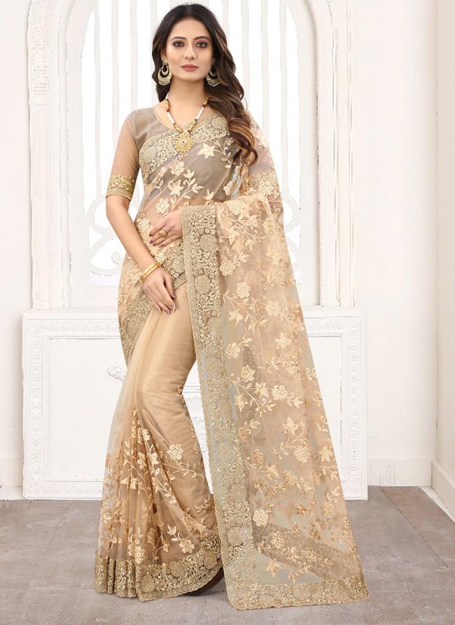 Beige Net Wedding Wear Resham Work Saree