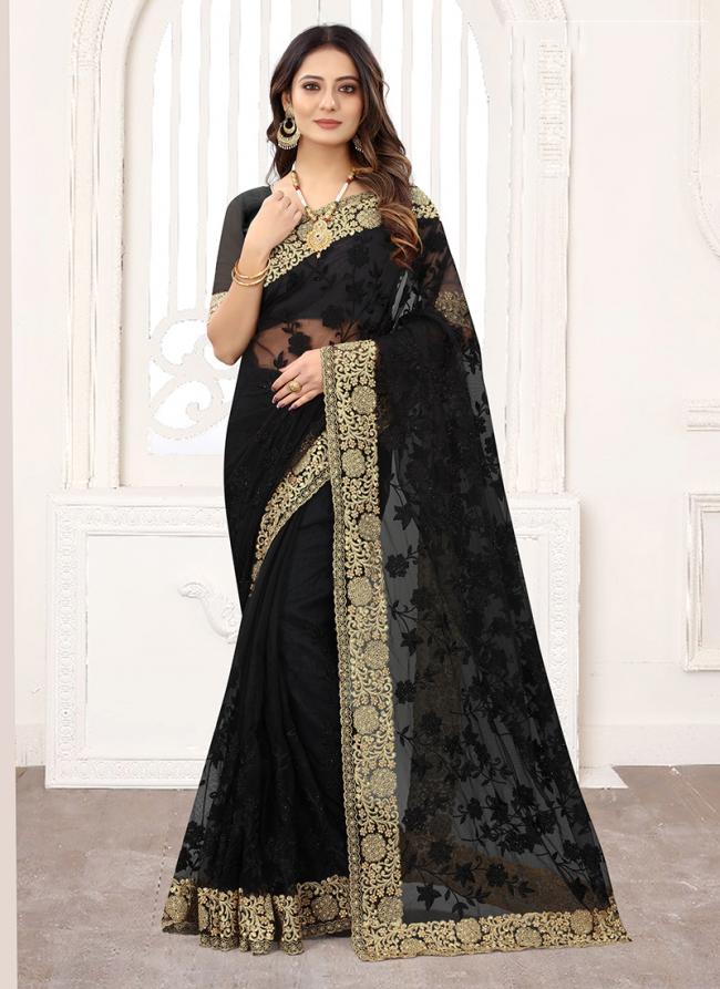 Black Net Wedding Wear Resham Work Saree