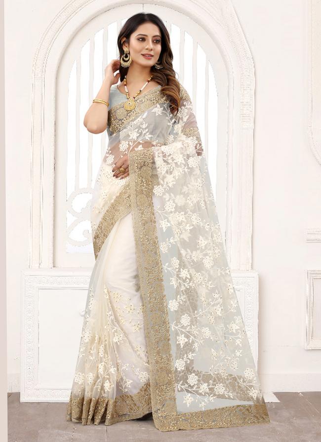 Cream Net Wedding Wear Resham Work Saree