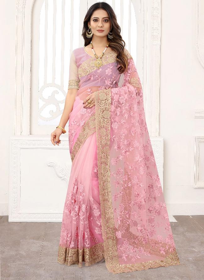 Pink Net Wedding Wear Resham Work Saree