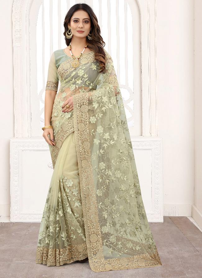 Pista green Net Wedding Wear Resham Work Saree