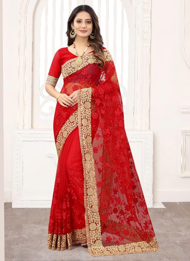 Red Net Wedding Wear Resham Work Saree