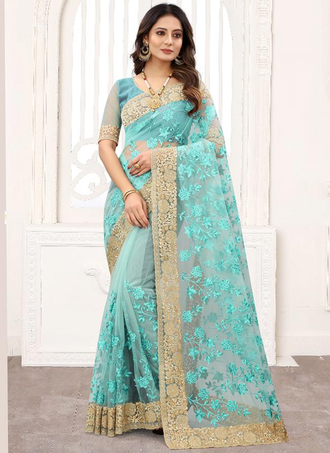 Sky blue Net Wedding Wear Resham Work Saree