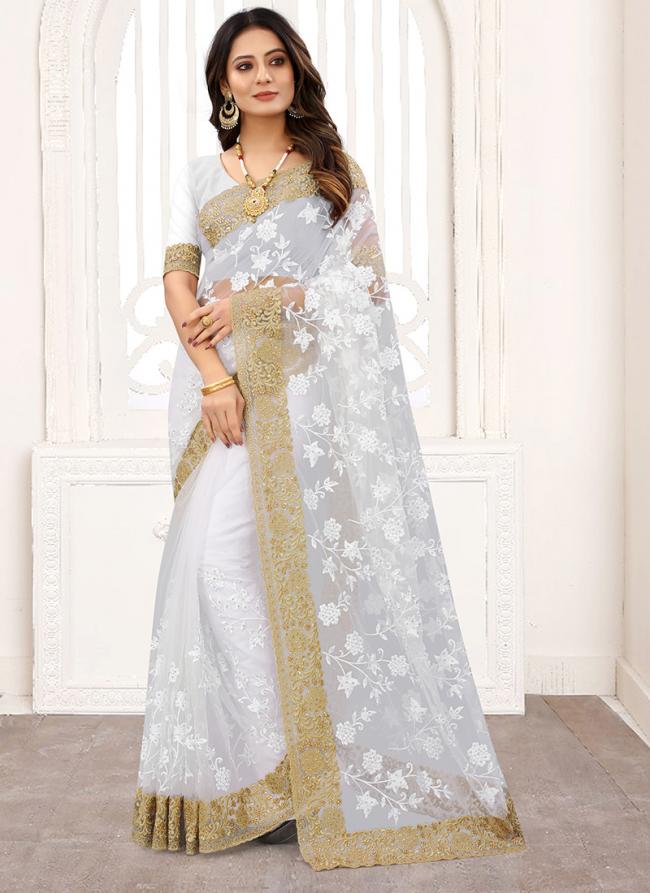 White Net Wedding Wear Resham Work Saree