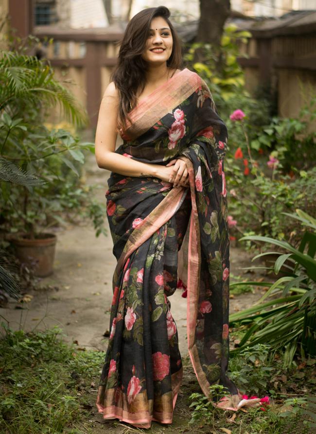 Black Munnar Slub Party Wear Kasab Work Saree