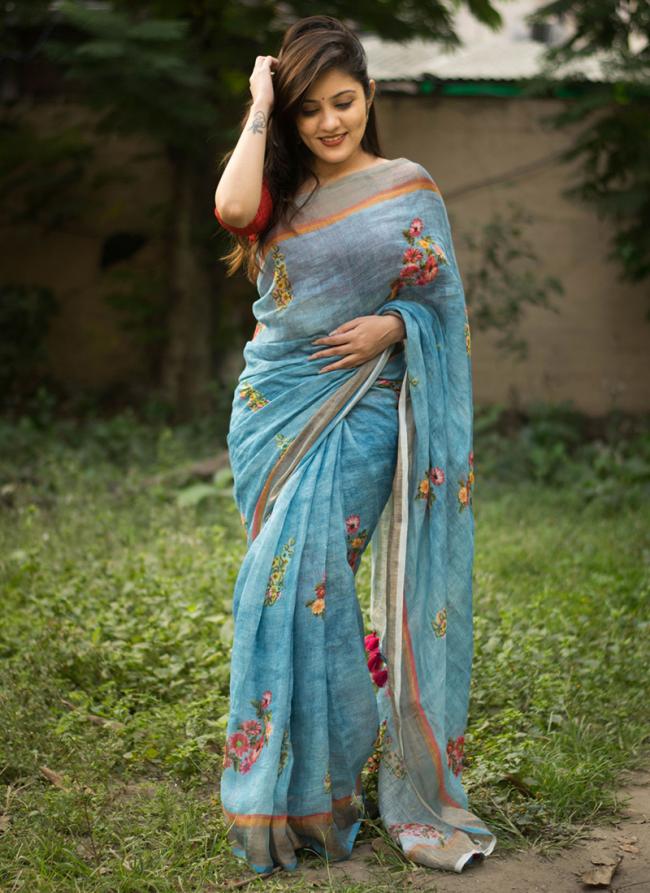 Sky blue Munnar Slub Party Wear Kasab Work Saree