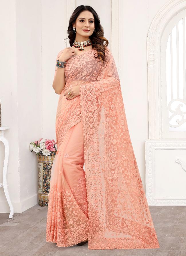 Peach Net Wedding Wear Embroidery Work Saree