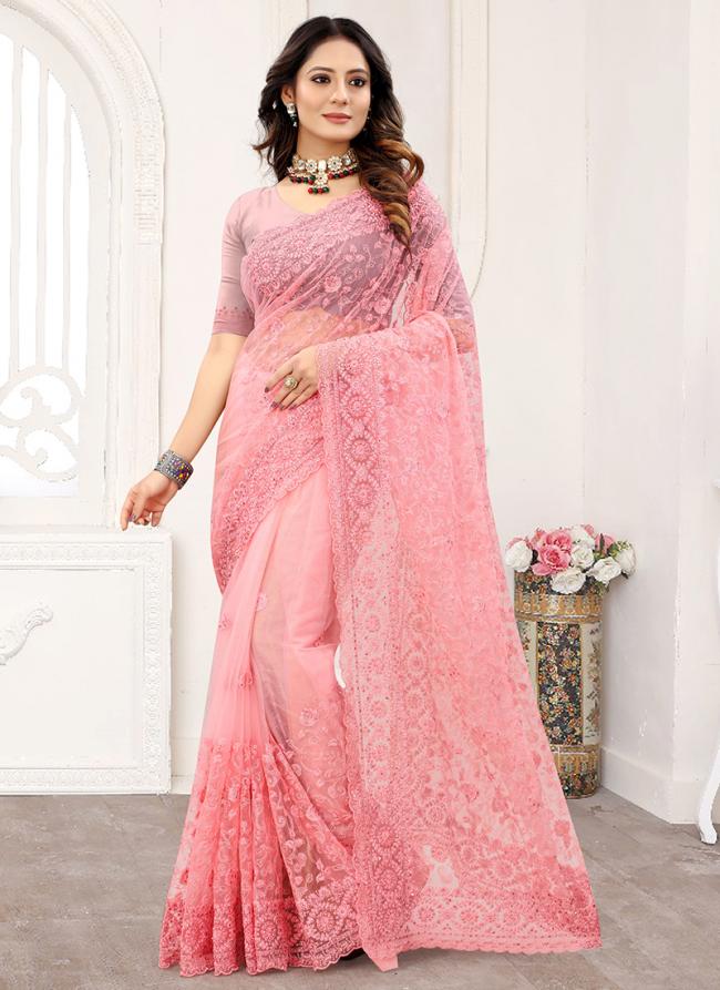 Pink Net Wedding Wear Embroidery Work Saree