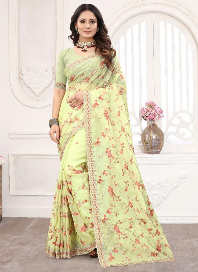 Pista green Organza Wedding Wear Embroidery Work Saree