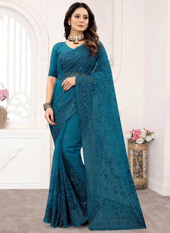 Rama Net Wedding Wear Embroidery Work Saree