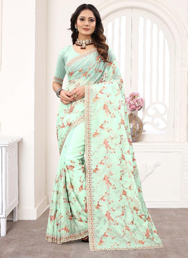 Sky blue Organza Wedding Wear Embroidery Work Saree